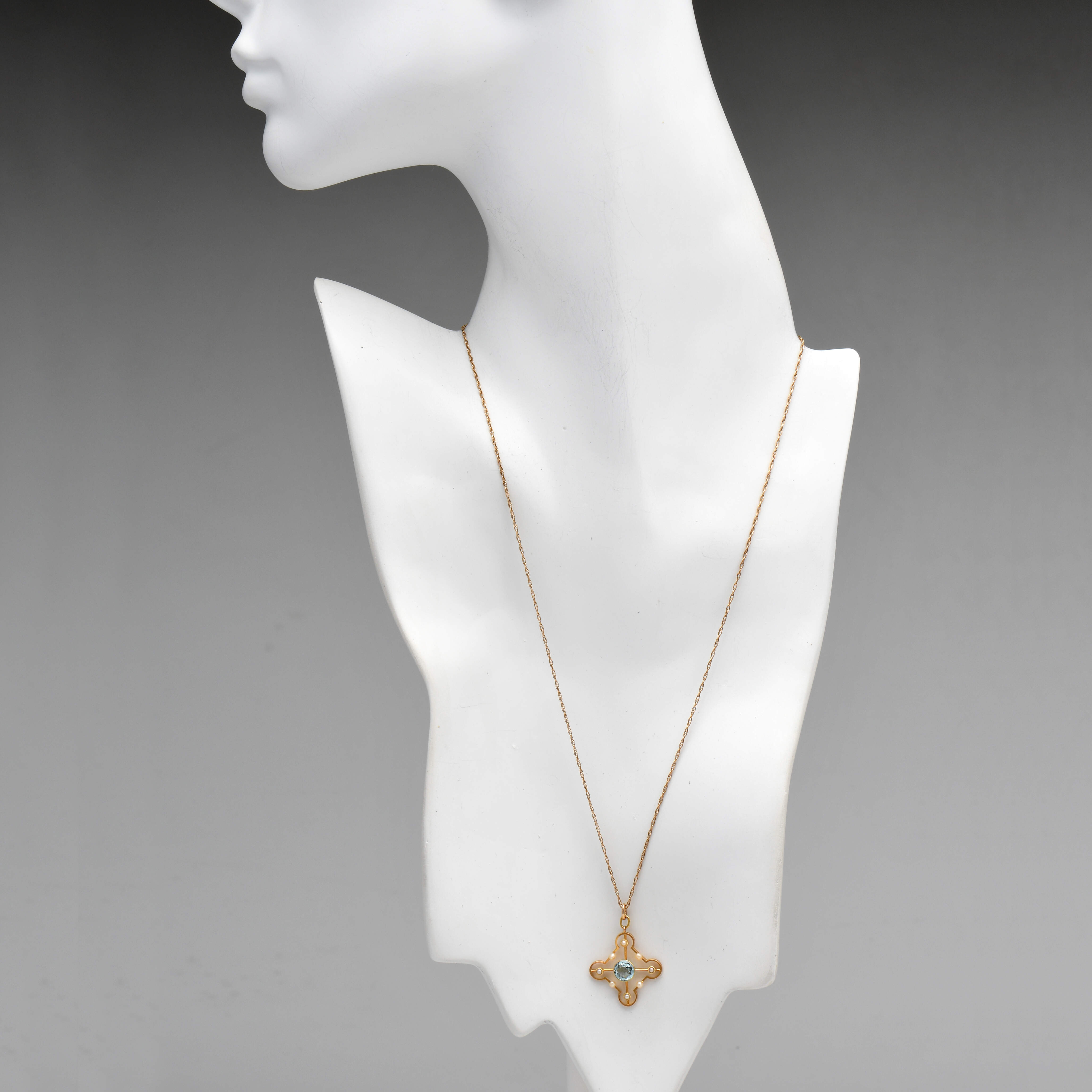 14/9KY Aquamarine & Seed Pearl Pendant Necklace-4
