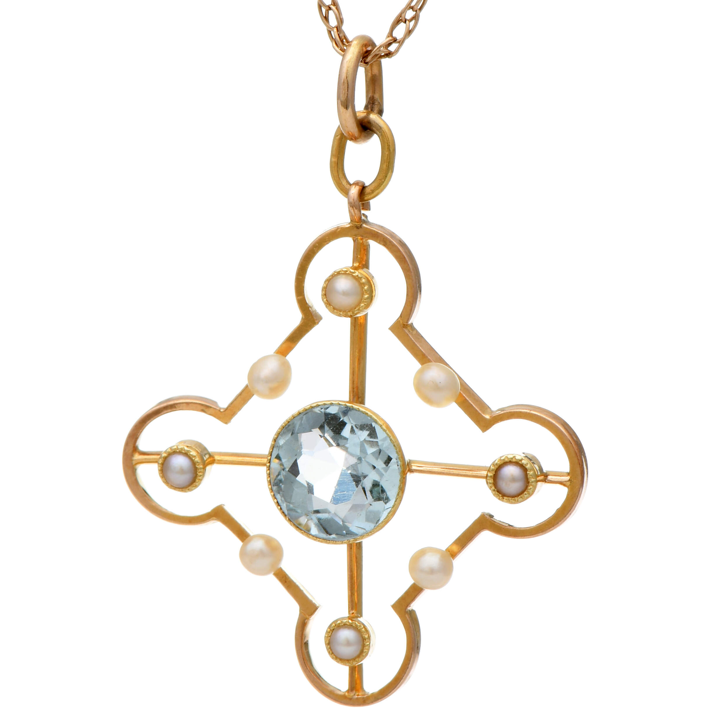 14/9KY Aquamarine & Seed Pearl Pendant Necklace-1