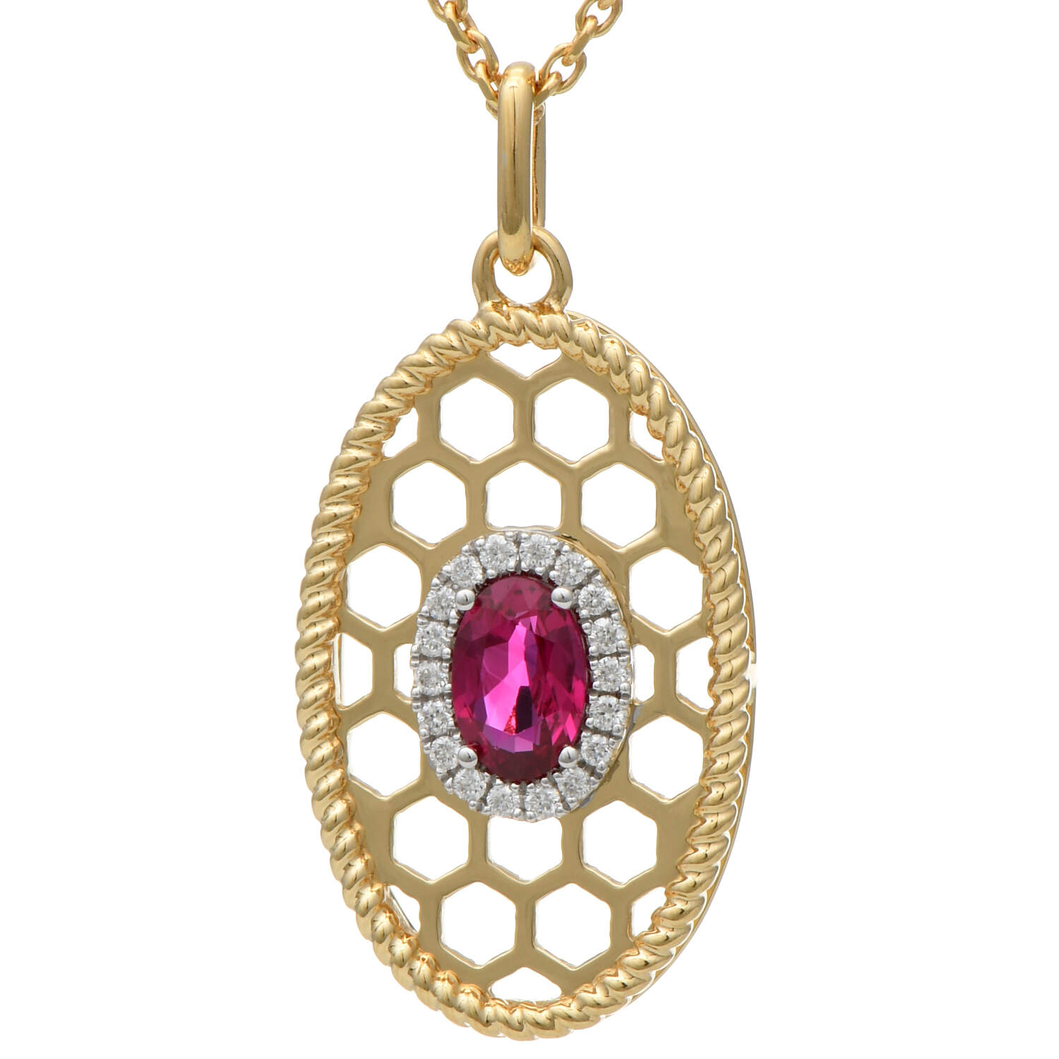 18KY Spark Oval Ruby(0.55) & Diamond(0.08) Honeycomb Necklace-1