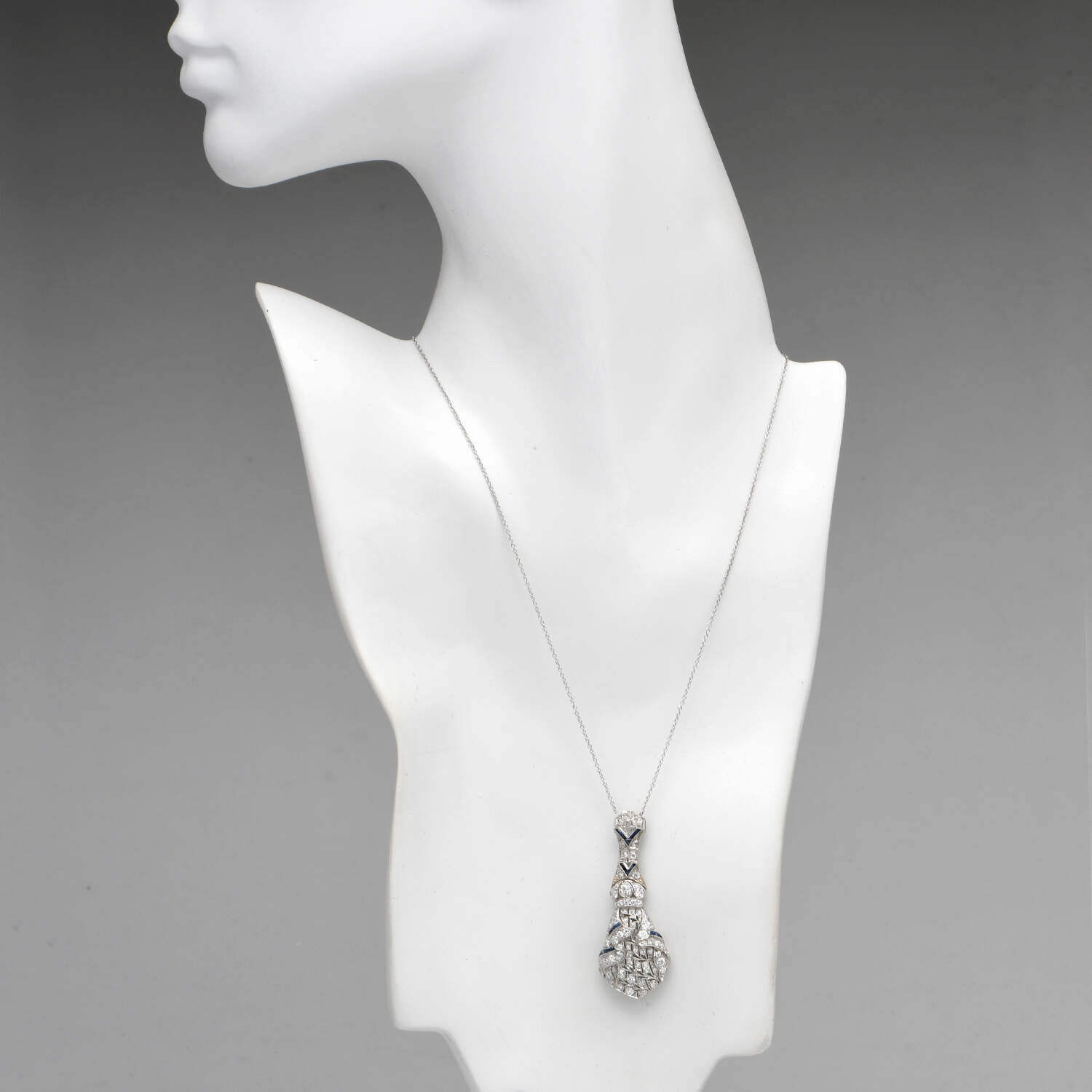 Platinum Art Deco Diamond(1.35) & Synthetic Sapphire Drop Necklace-5