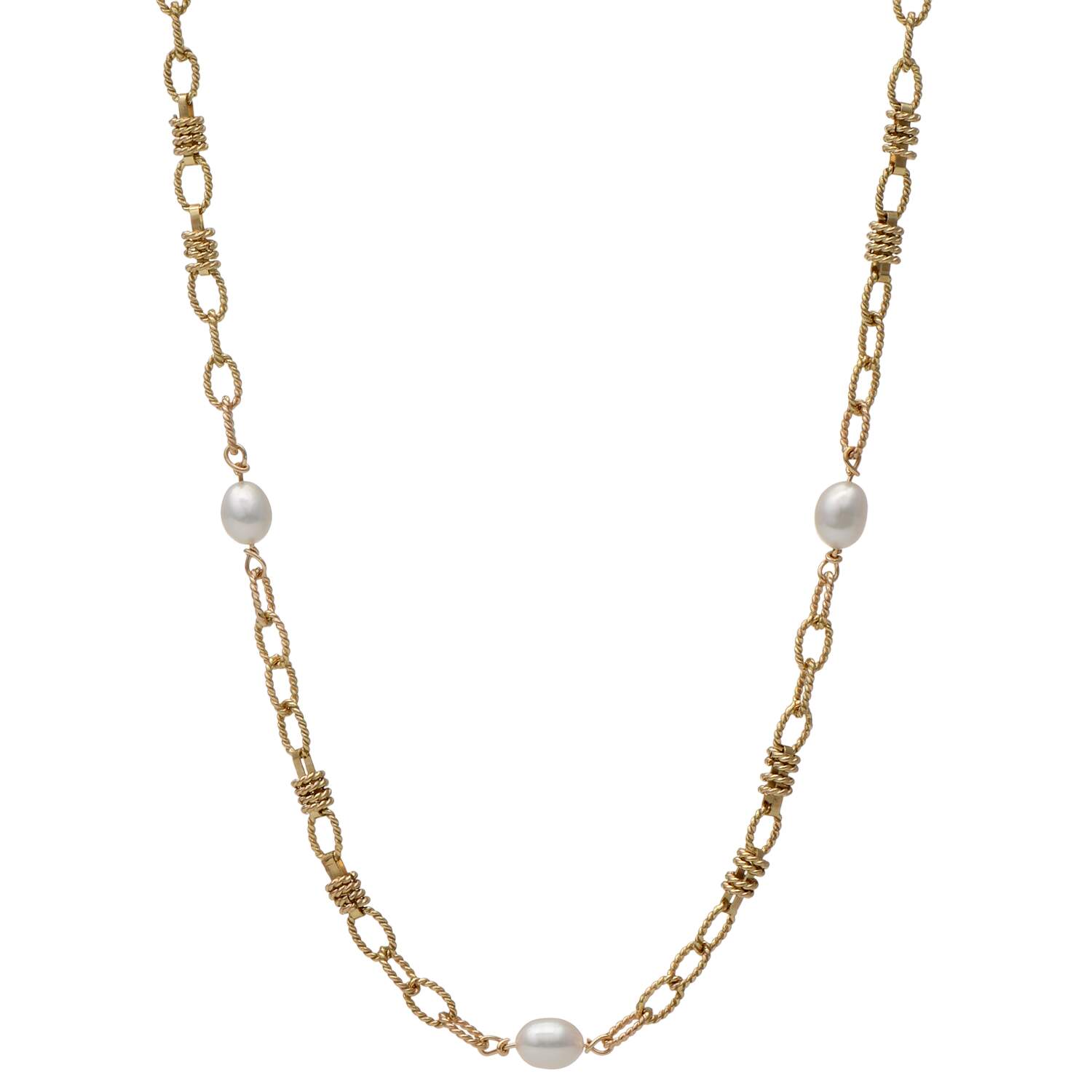 14KY Textured Fancy Link & Pearl(5.6 mm) Station Necklace-1