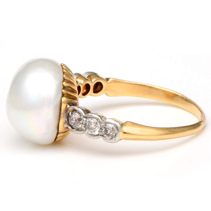 18KY/Platinum GIA-Certified-Natural Pearl & Diamond (0.22) Ring-3