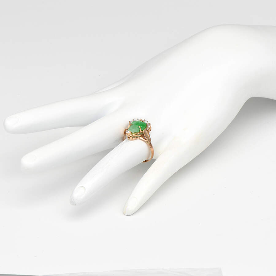 14KR Vintage Carved Jadeite & Cubic Zirconia Ring-5