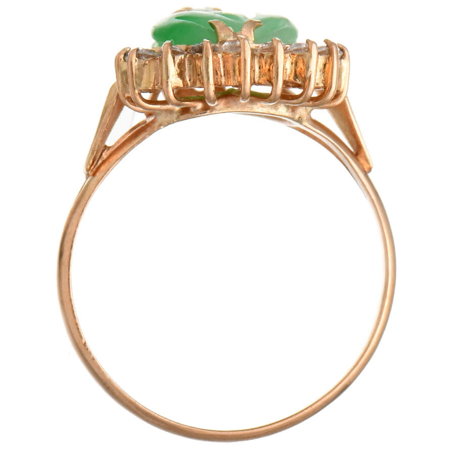 14KR Vintage Carved Jadeite & Cubic Zirconia Ring-4