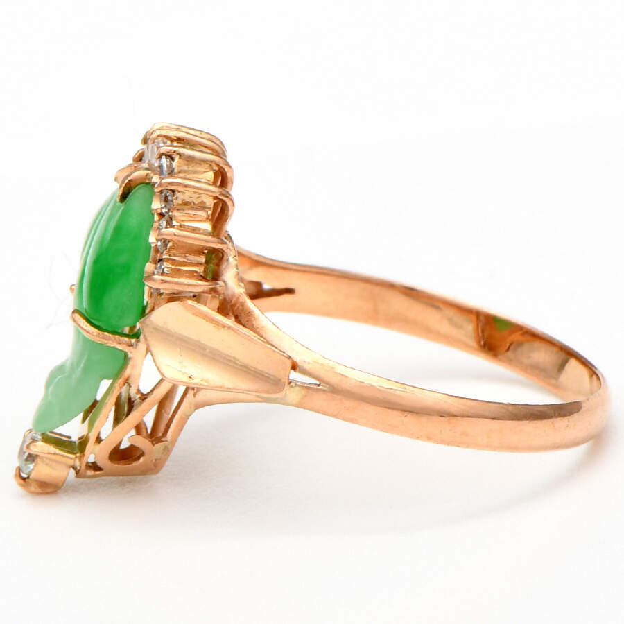 14KR Vintage Carved Jadeite & Cubic Zirconia Ring-3