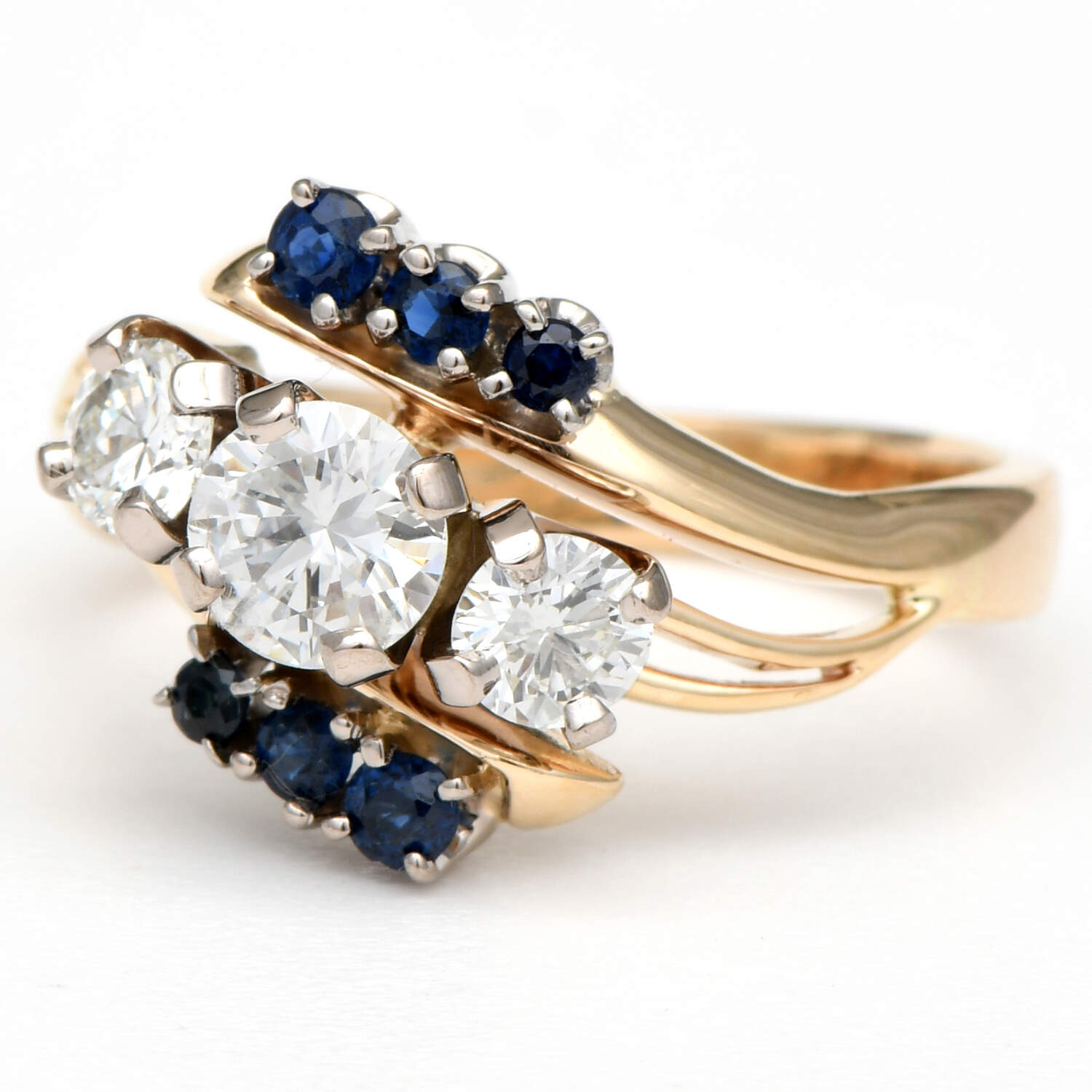 14KYW Three Stone Diamond(0.70) & Sapphire(0.31) Ring-1