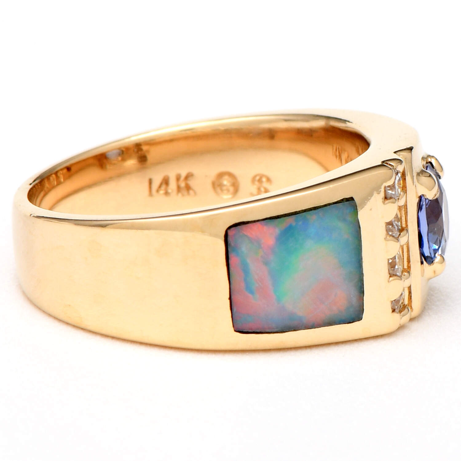 14KY Tanzanite(0.55) & Opal Inlay with Diamond(0.03) Accent Band Ring-4