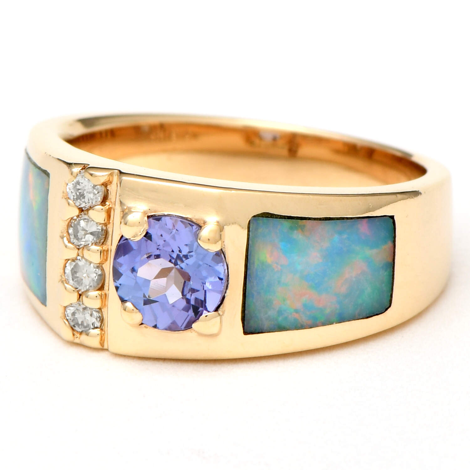 14KY Tanzanite(0.55) & Opal Inlay with Diamond(0.03) Accent Band Ring-1