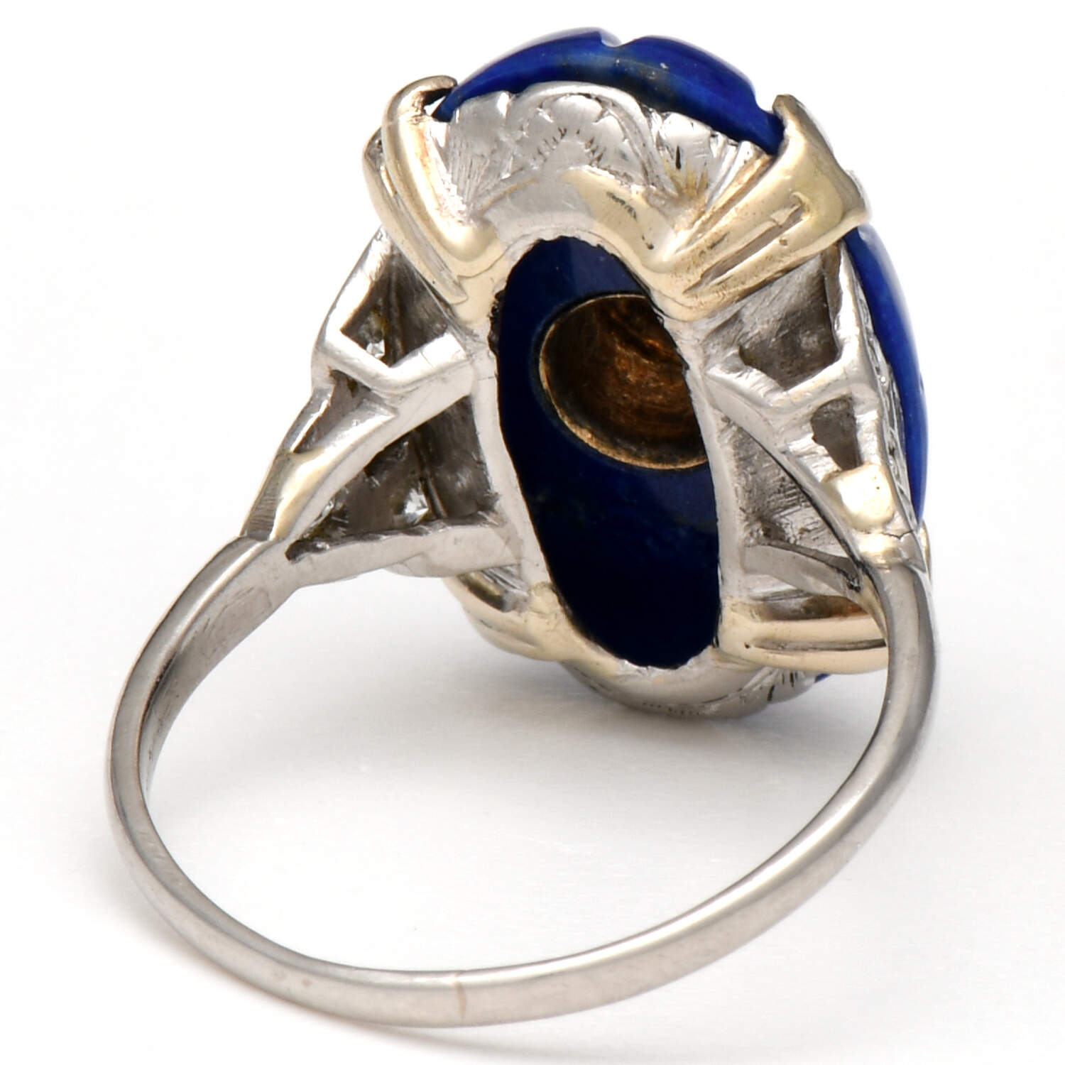 Platinum Art Deco Carved Lapis Lazuli & Diamond(0.50) Ring-2