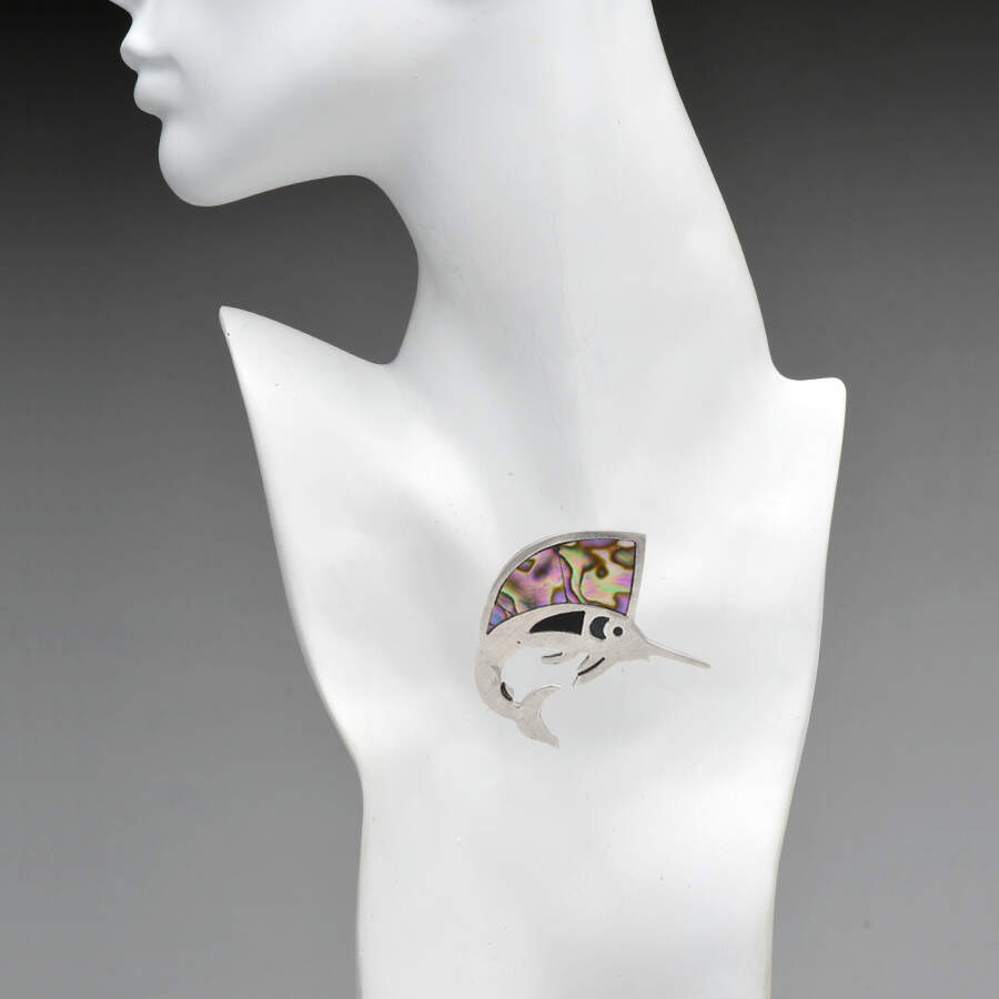 Sterling Silver Abalone Shell Sailfish Pendant-3