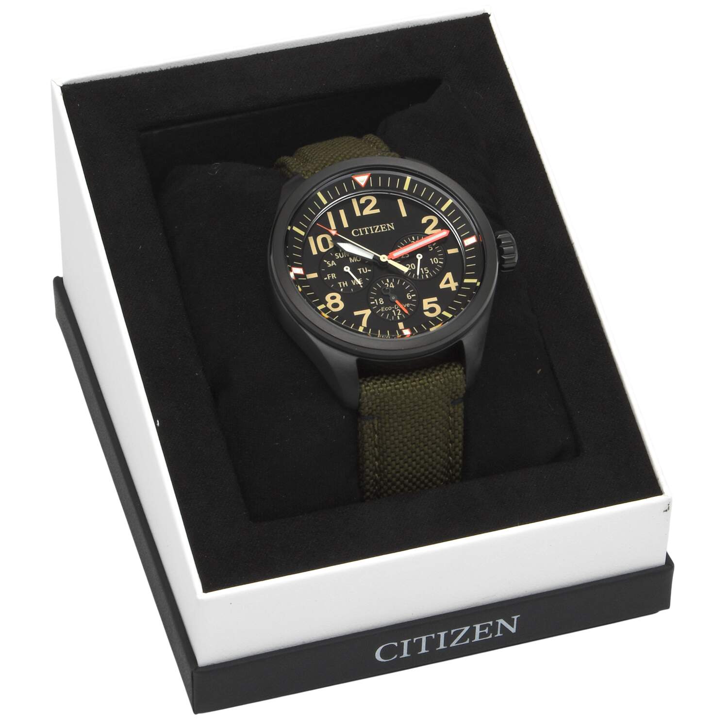 Citizen Eco Drive Mens Garrison Day Date with Green Nylon Strap-10