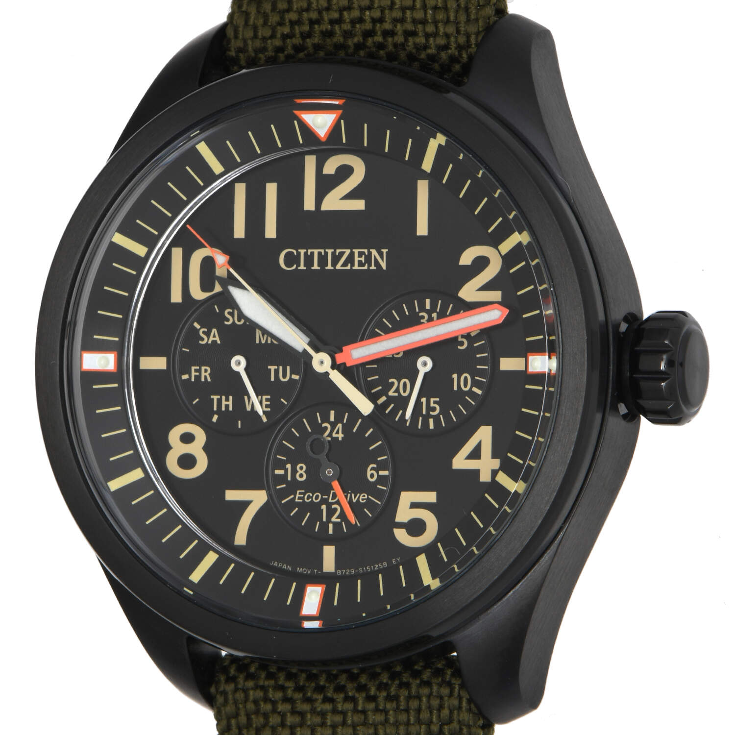Citizen Eco Drive Mens Garrison Day Date with Green Nylon Strap-7