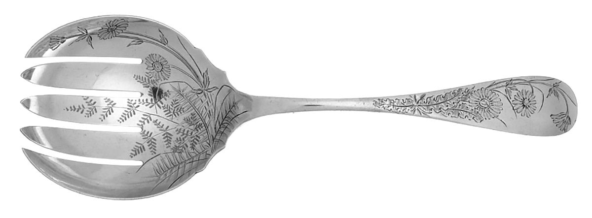 Coin Silver Flatware Solid Bright Cut Vegetable Serving Fork by Farrington & Hunnewell-1
