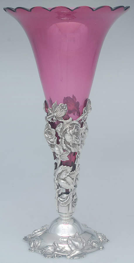 636 (Sterling, Hollowware) Cranberry Glass Trumpet Vase with Sterling Base by Gorham Silver-1