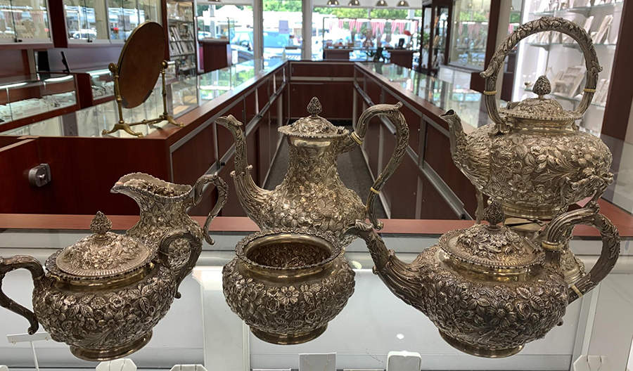 Repousse (Hollowware, Sterling) 6 Piece Tea Set (SCP, STP, SCR, SSU, SWB, SKES) by Galt & Bro-6