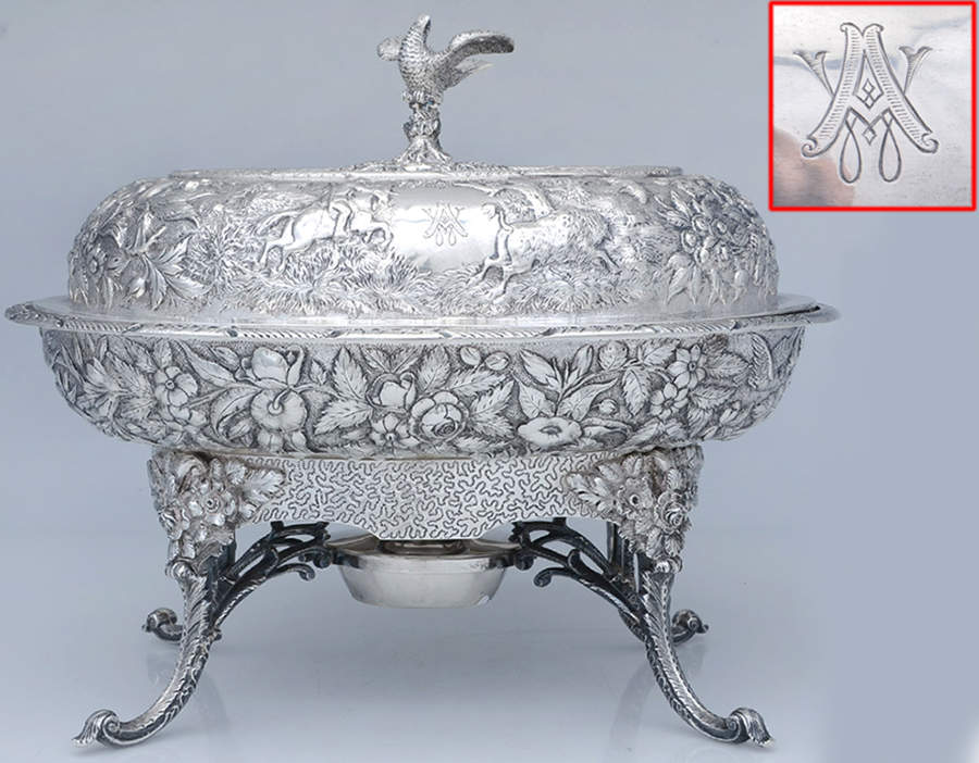 Repousse (Coin, Hollowware, No Landscape) Chafing Dish W/Lid, Burner & Stand by Kirk Stieff-1