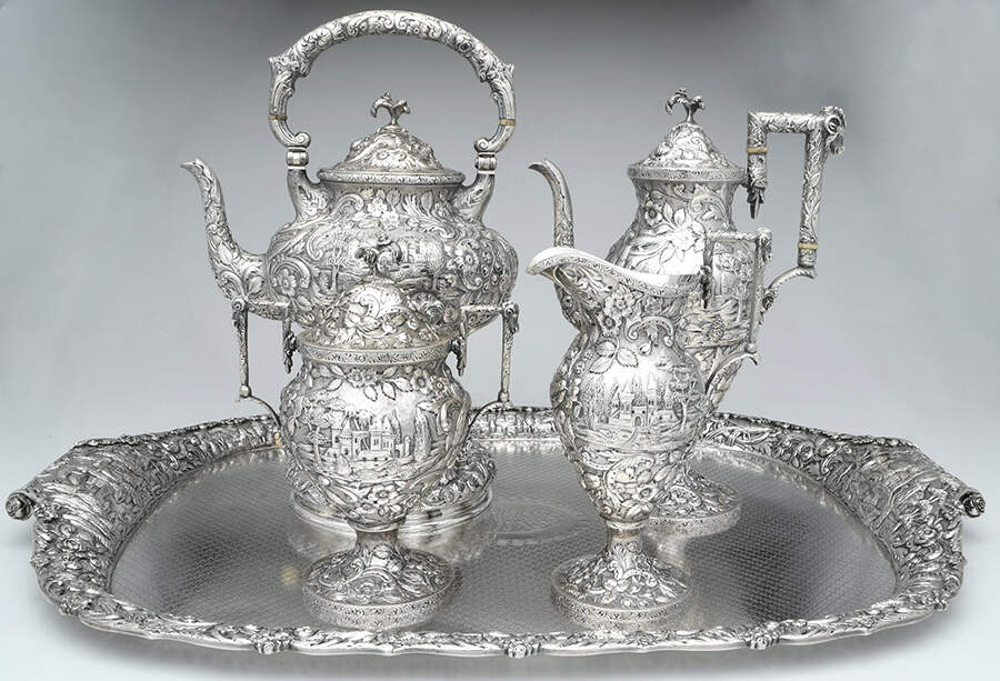 Landscape (Sterling, Hollowware) 5 Piece Tea Set (SCP, SCR, SSU, SKES, WTL) by Loring Andrews-1