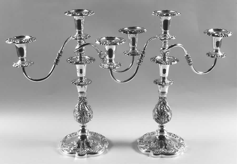 Sheffield Silver Co (USA) Rococco (Silverplate,Hollowware) Pair of 16" 3 Light Candelabra