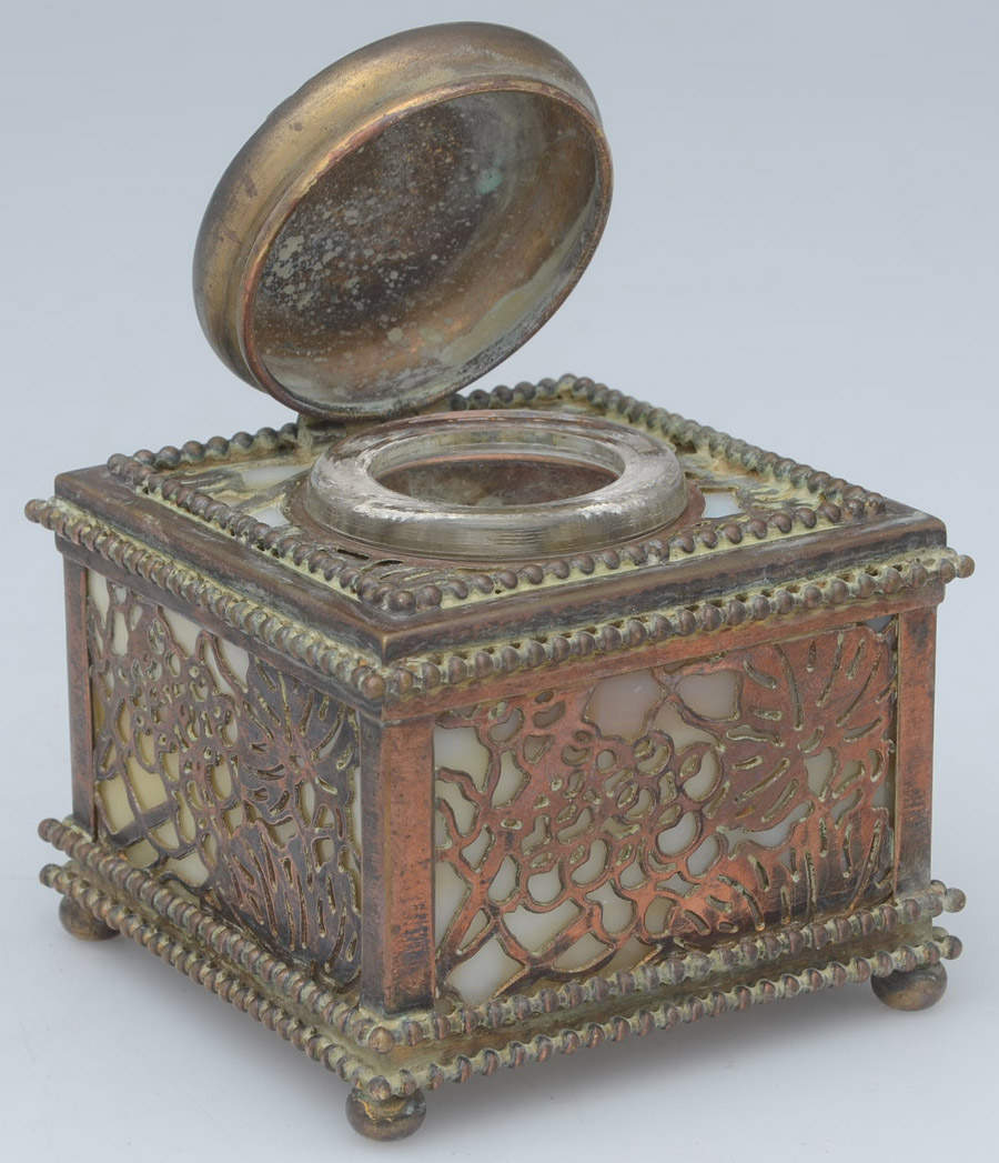 Grapevine (Plated Copper, Hollowware) Small Square Inkwell with Caramel Glass by Tiffany & CO SILVER-2