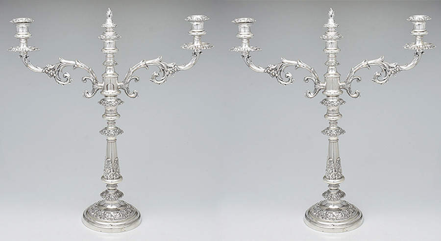 Silverplate Hollowware Pair of 3 Light Weighted Candelabra with Bobech by Unknown Manufacturer-1