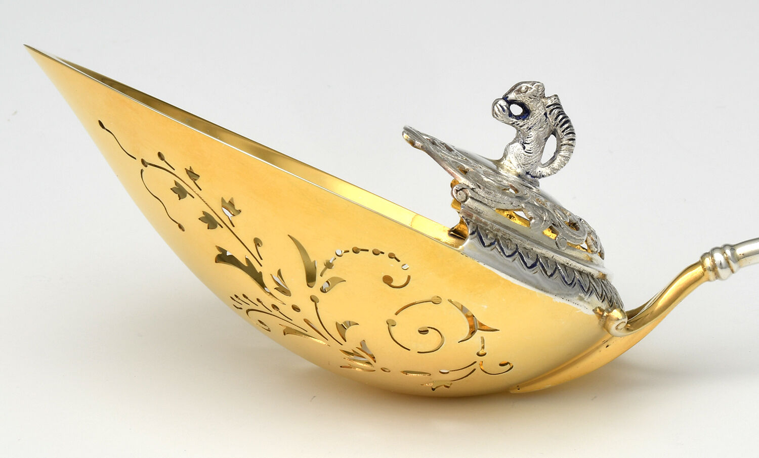 Arabesque (Sterling, 1870, No Monograms) Hooded Pierced Solid Nut Serving Spoon by John R Wendt-8