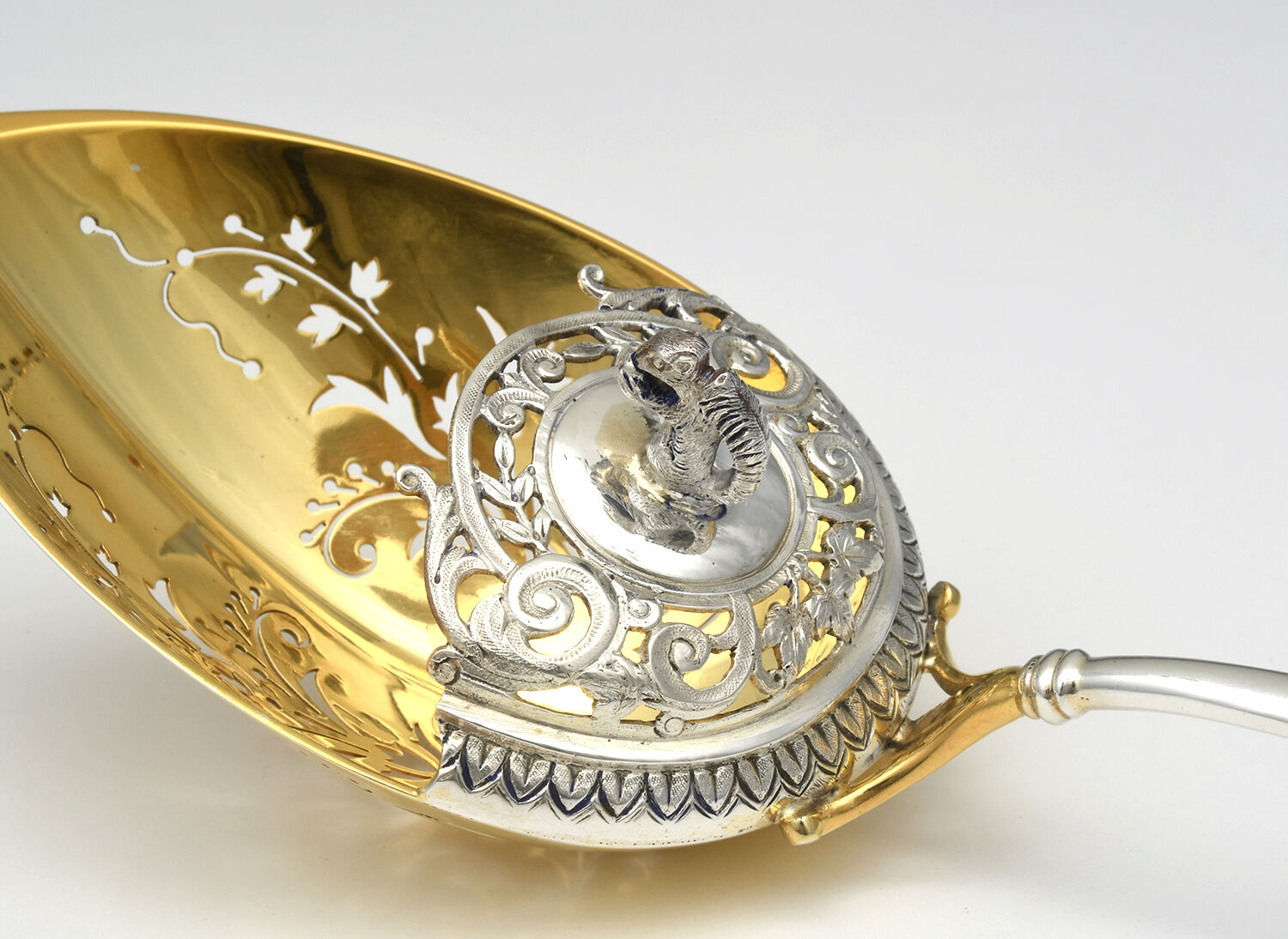 Arabesque (Sterling, 1870, No Monograms) Hooded Pierced Solid Nut Serving Spoon by John R Wendt-7