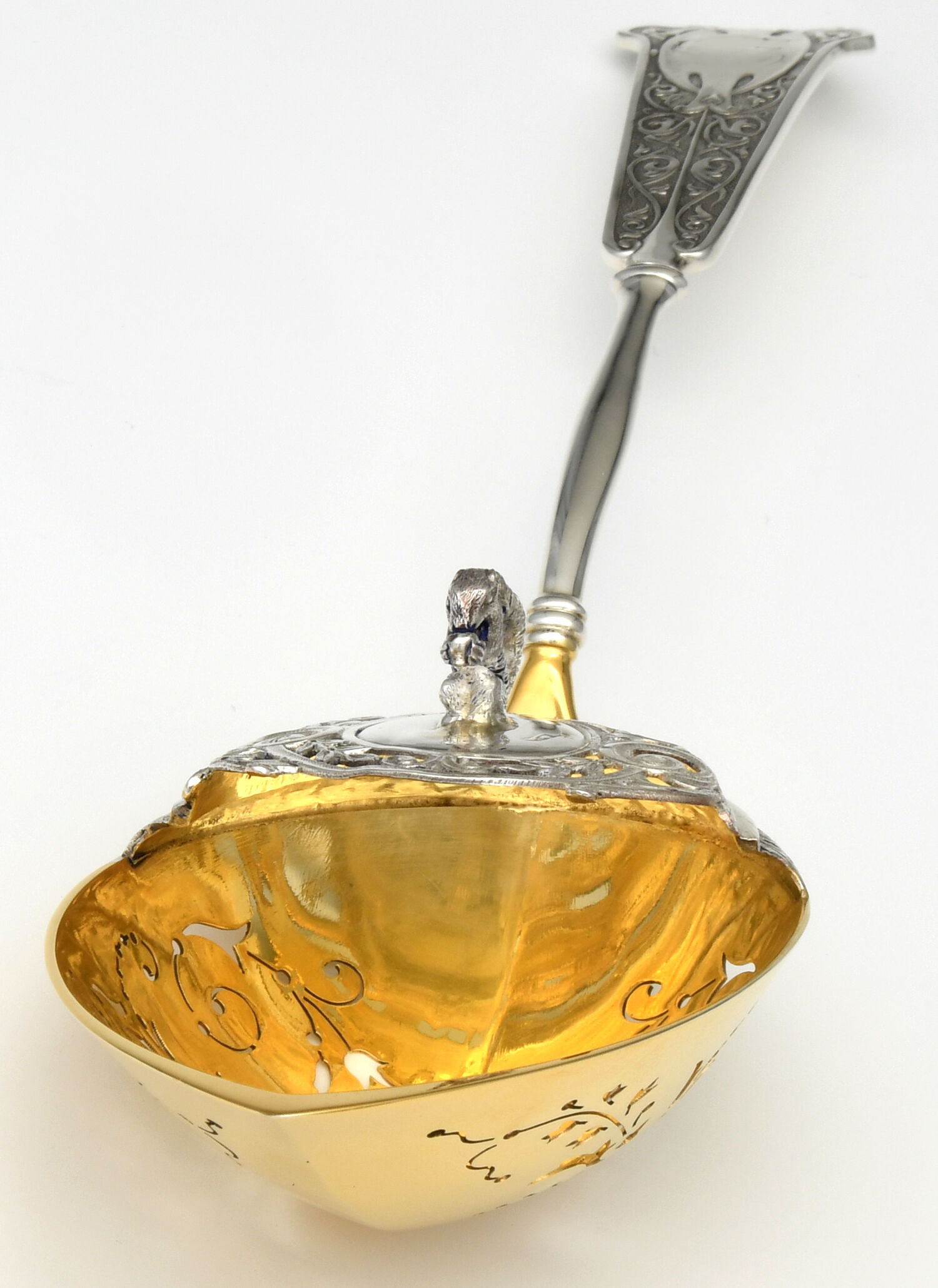 Arabesque (Sterling, 1870, No Monograms) Hooded Pierced Solid Nut Serving Spoon by John R Wendt-5
