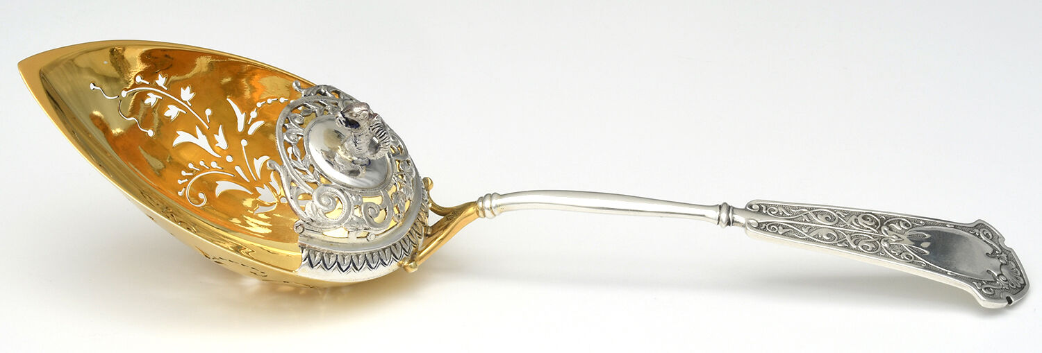 Arabesque (Sterling, 1870, No Monograms) Hooded Pierced Solid Nut Serving Spoon by John R Wendt-1