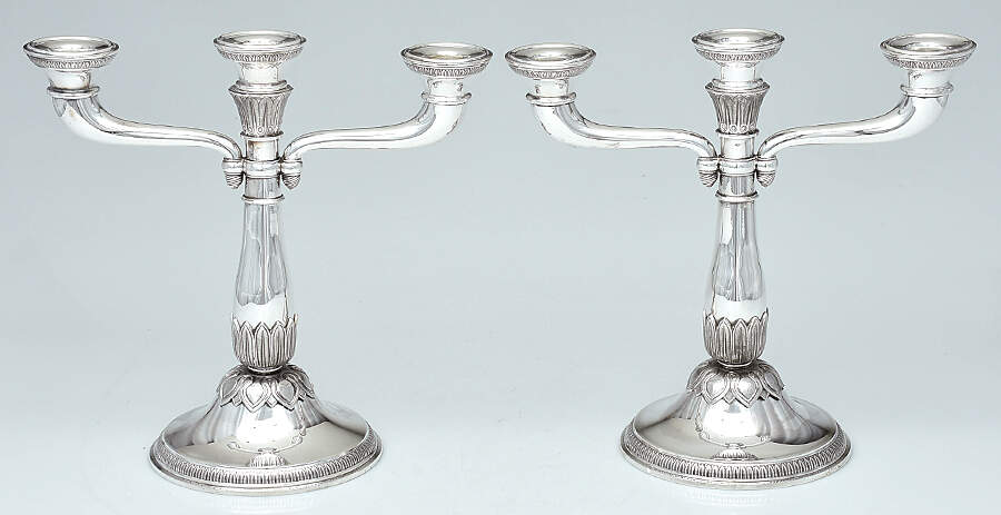 Christofle France Malmaison (Sterling, Hollowware) Pair of Weighted 3 Light Candelabra