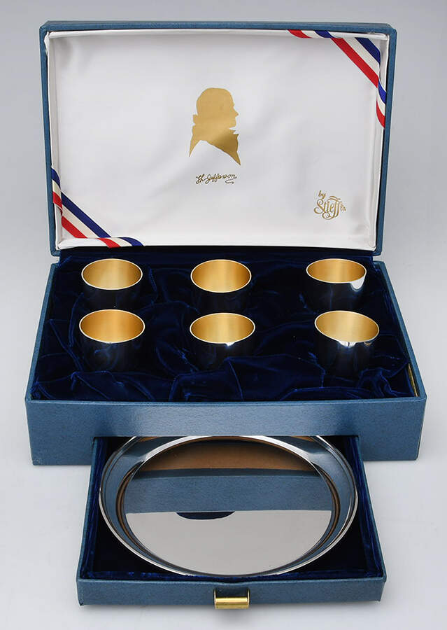 Jefferson Cup (Sterling, Hollowware) 6 pc Mini Jefferson Cup Set with Round Tray and Case by Kirk Stieff-1