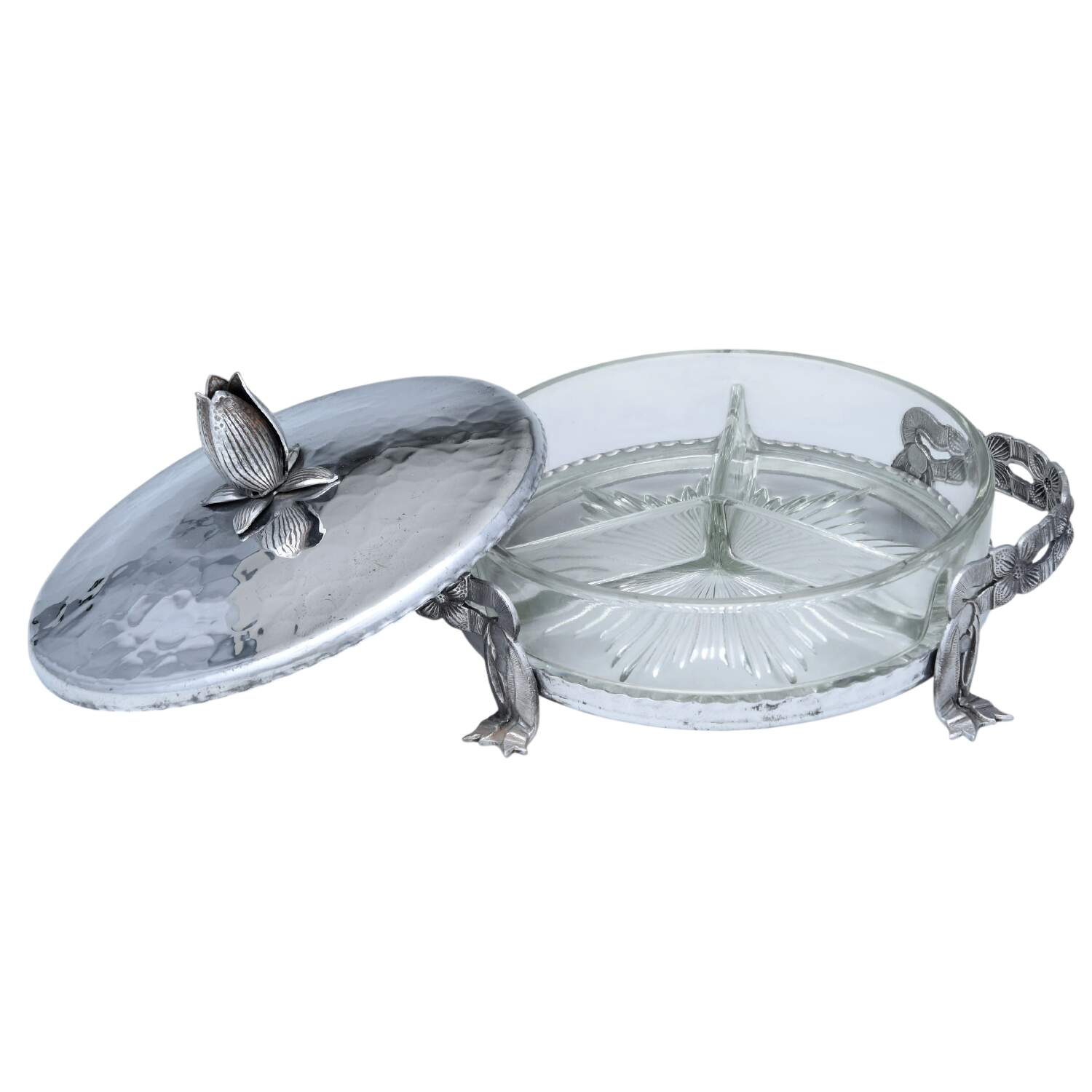R1K1 (Aluminum, Holloware) 4 Toed Candy Dish w/Lid & Divided Glass Liner by Rodney Kent Silver Company-2