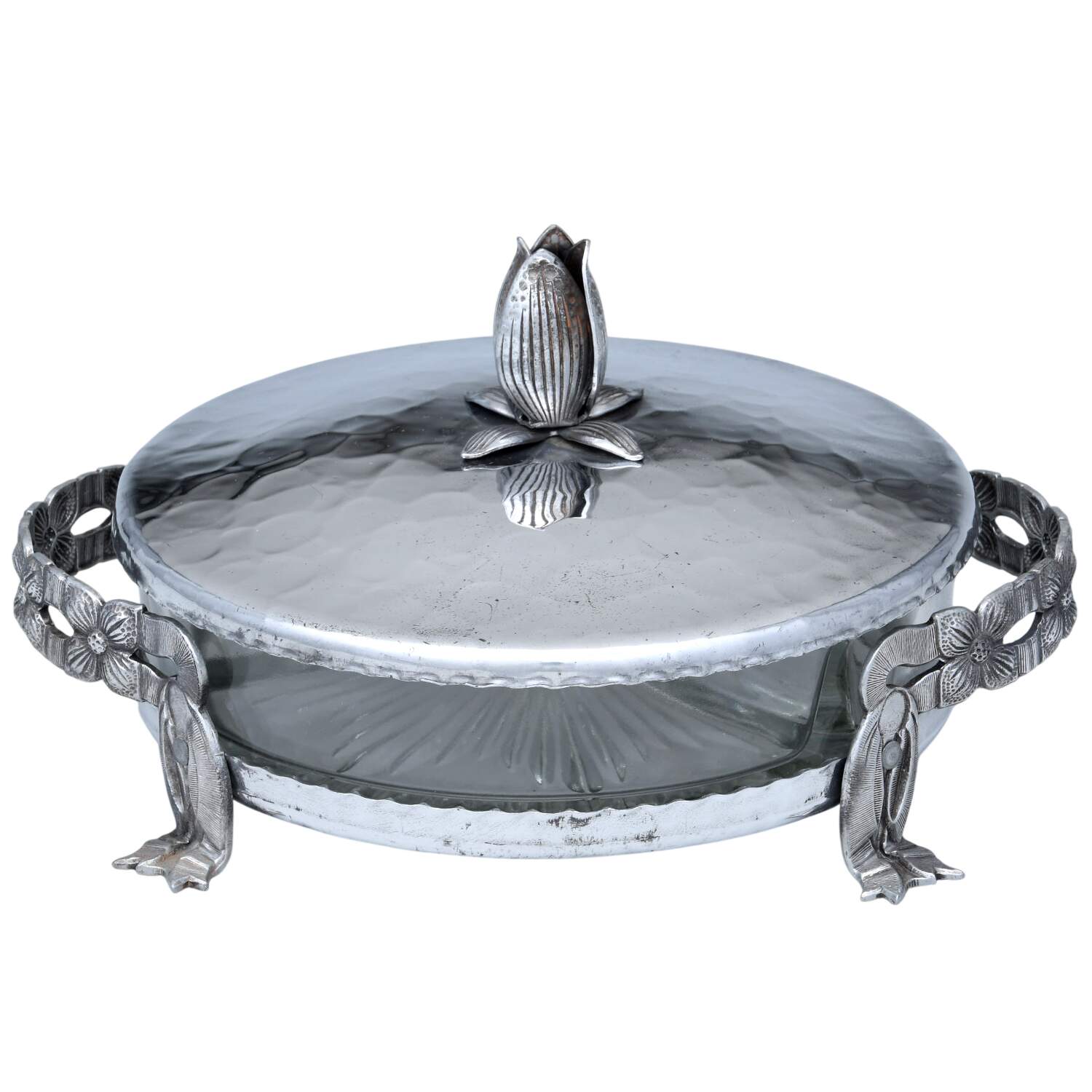 R1K1 (Aluminum, Holloware) 4 Toed Candy Dish w/Lid & Divided Glass Liner by Rodney Kent Silver Company-1