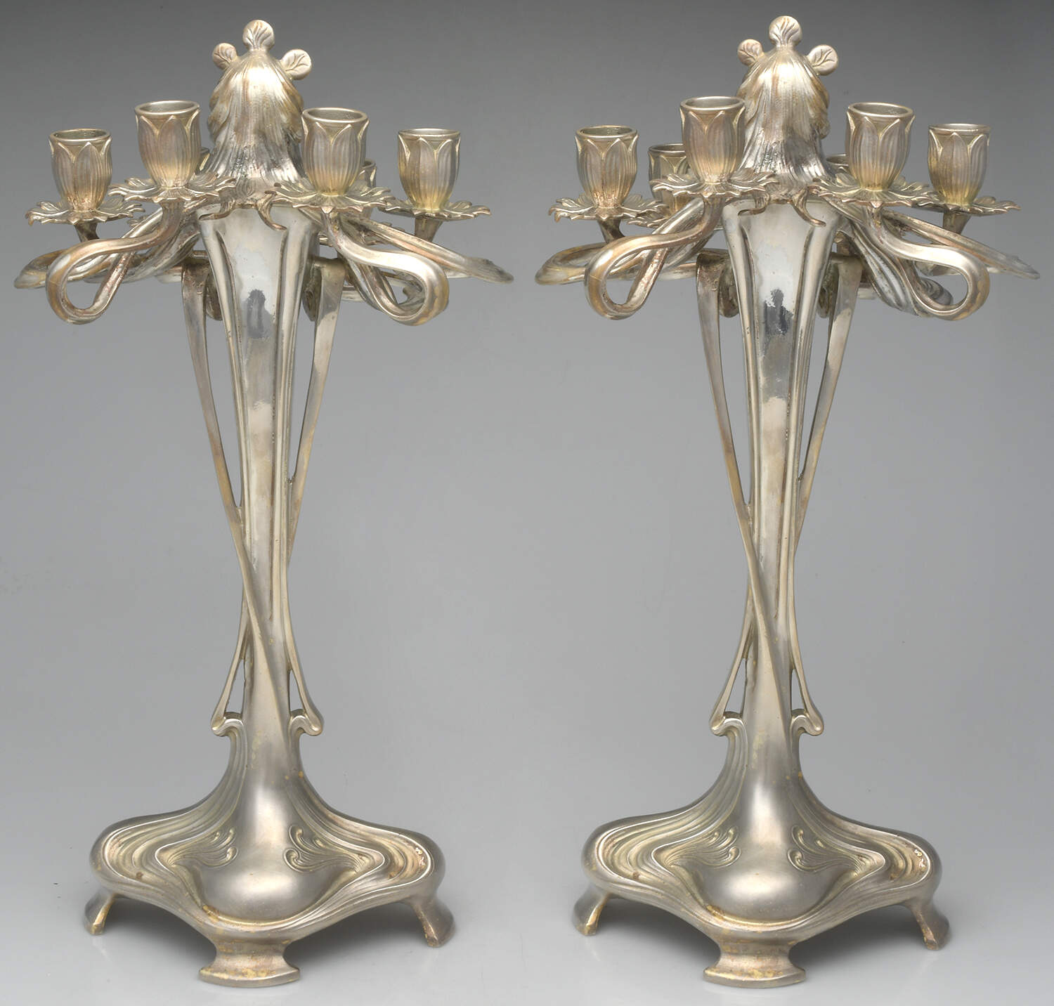Art Nouveau Style (Silverplate, Hollowware) Pair of 6 Light Candelabra by Unknown Manufacturer-2