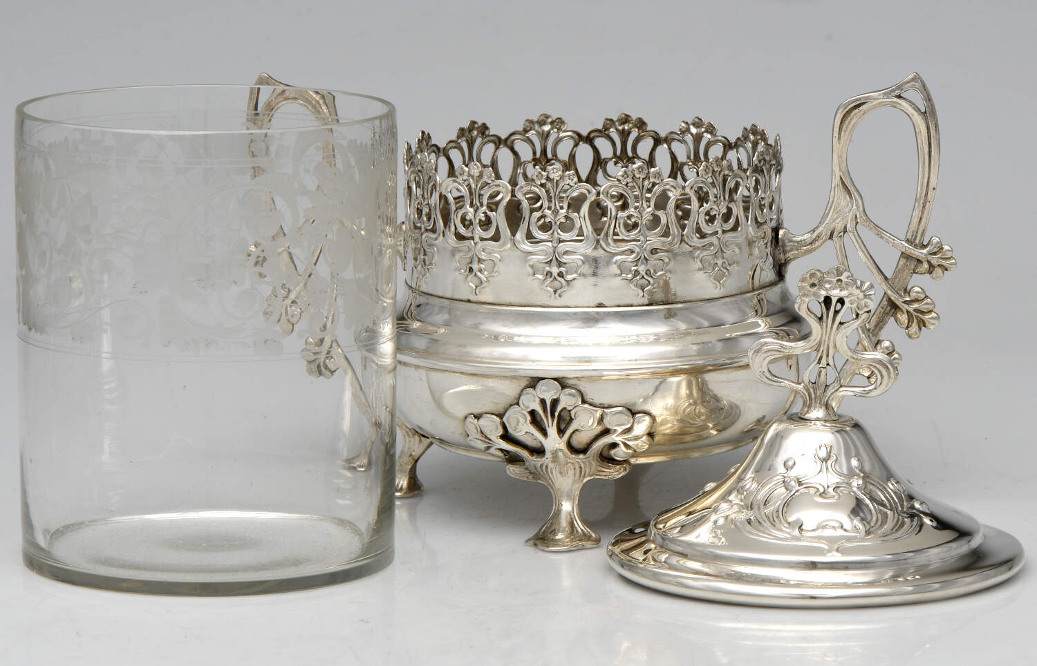 Classical Style (Silverplate, Hollowware) Biscuit Box with Lid and Glass Liner by WMF Flatware-4