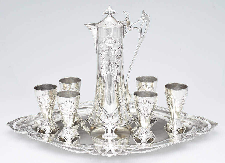 WMF225 (Silverplate, Hollowware) Solid Claret Jug with 21" Complimentary Tray and 6 Wine Cups by WMF Flatware-4