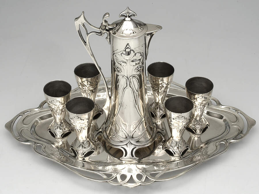 WMF225 (Silverplate, Hollowware) Solid Claret Jug with 21" Complimentary Tray and 6 Wine Cups by WMF Flatware-3