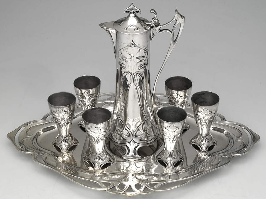 WMF225 (Silverplate, Hollowware) Solid Claret Jug with 21" Complimentary Tray and 6 Wine Cups by WMF Flatware-1