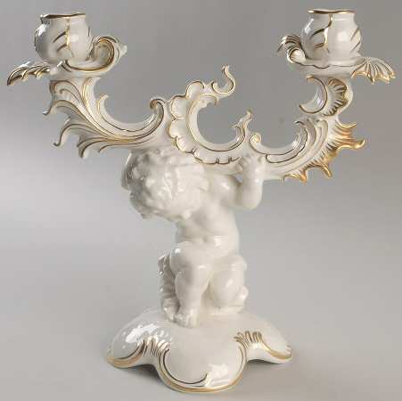 Hutschenreuther Giftware Cherub 2 Light Candleholder-Gold Accent - Boxed