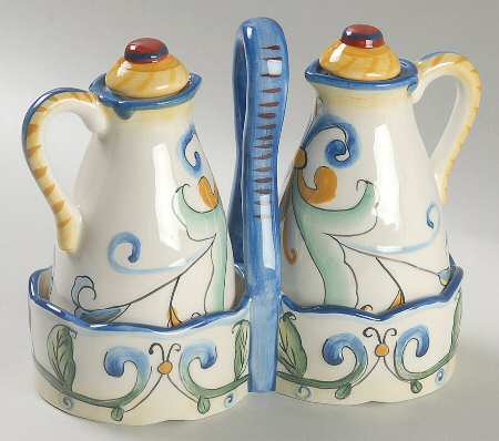 Fitz & Floyd Ricamo Accessories 2 Oil/Vinegar Cruets with Stoppers on Tray