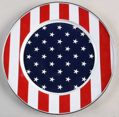A Golden Rabbit Stars and Stripes enamelware serving piece listed at $29.99 in September 2026
