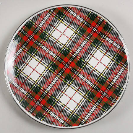 A Golden Rabbit Highland Plaid enamelware dinner plate listed at $23.99 in September 2026