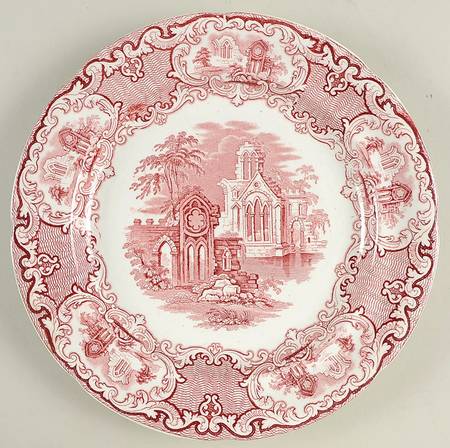 Abbey Red (Transferware, Scallop) by George Jones & Sons
