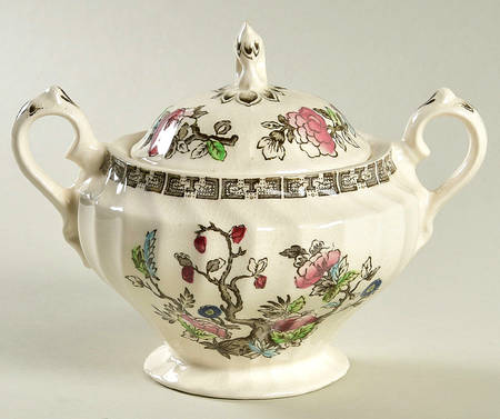 Myott Staffordshire Indian Tree No No Green Border White Back Sugar Bowl  Lid