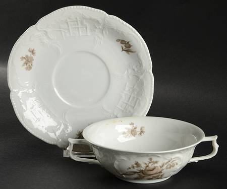 Rosenthal - Continental Brown Rose (Sanssouci) Flat Cream Soup Bowl & Saucer Set