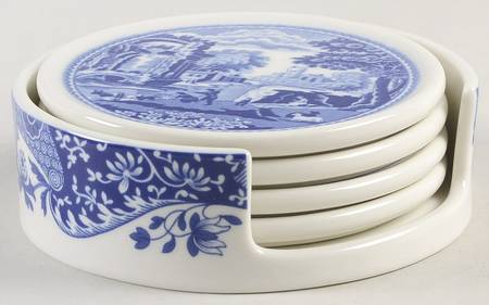 Spode Blue Italian (5 Piece) Coaster Set (4 Coaster & Holder)