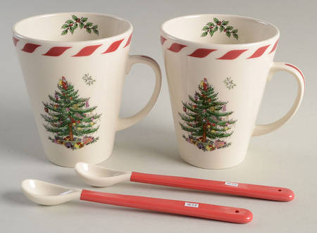 Christmas Tree set of 2 peppermint 14oz mugs with spoons