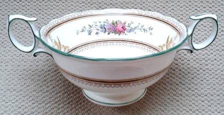 Wedgwood Columbia White (Center Medallion,Green Trim) Footed Cream Soup Bowl