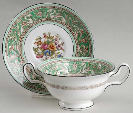 Wedgwood Florentine Green Rim (Floral Center,White Body) Footed Cream Soup Bowl & Saucer Set