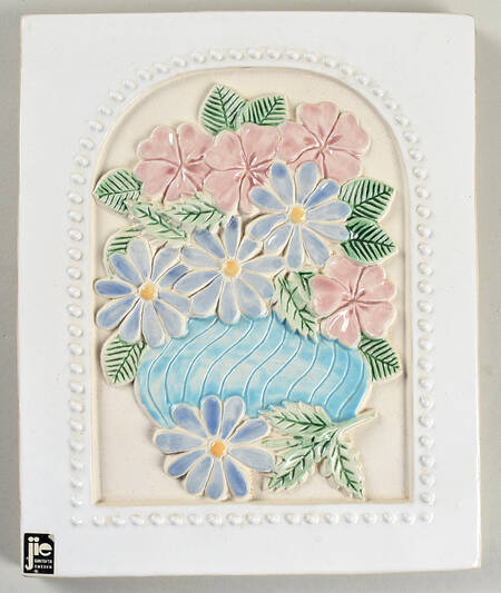 Jie Ceramics Floral Plaques Aqua Vase,Pink & Blue Flower-White Tile - No Box