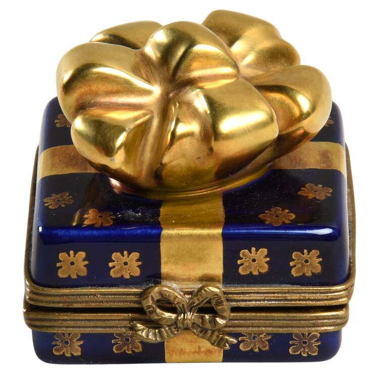 Peint Main PEINT MAIN LIMOGES BOX Gift Box - Cobalt And Gold Bow - No Box